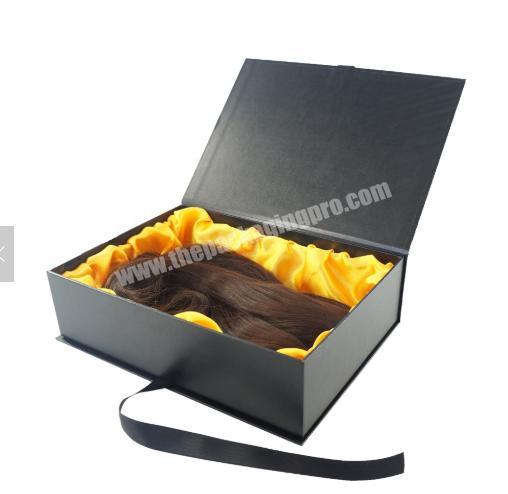 Cuatom Black White Cardboard Flat Folding Hair Extension Paper Packaging Gift Box Whit Ribbon