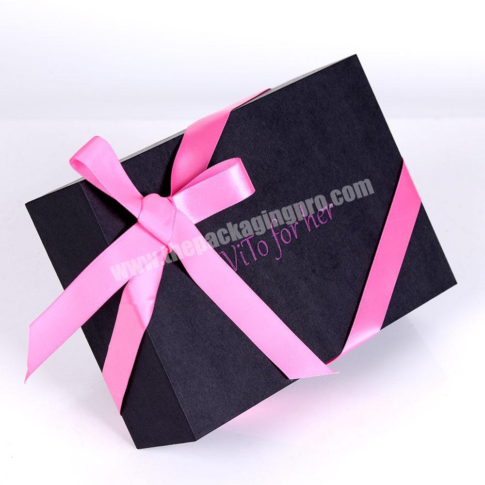 Custom Black color Gift packaging Foldable magnetic gift box with ribbon closure