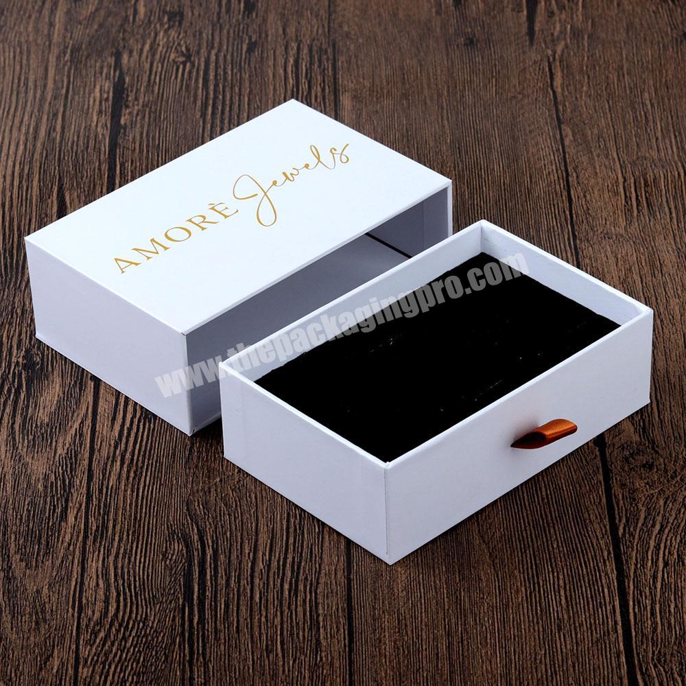 Custom Golden Logo Gift Sliding Drawer Ring Jewellery Boxes Cardboard Paper White Packaging Box