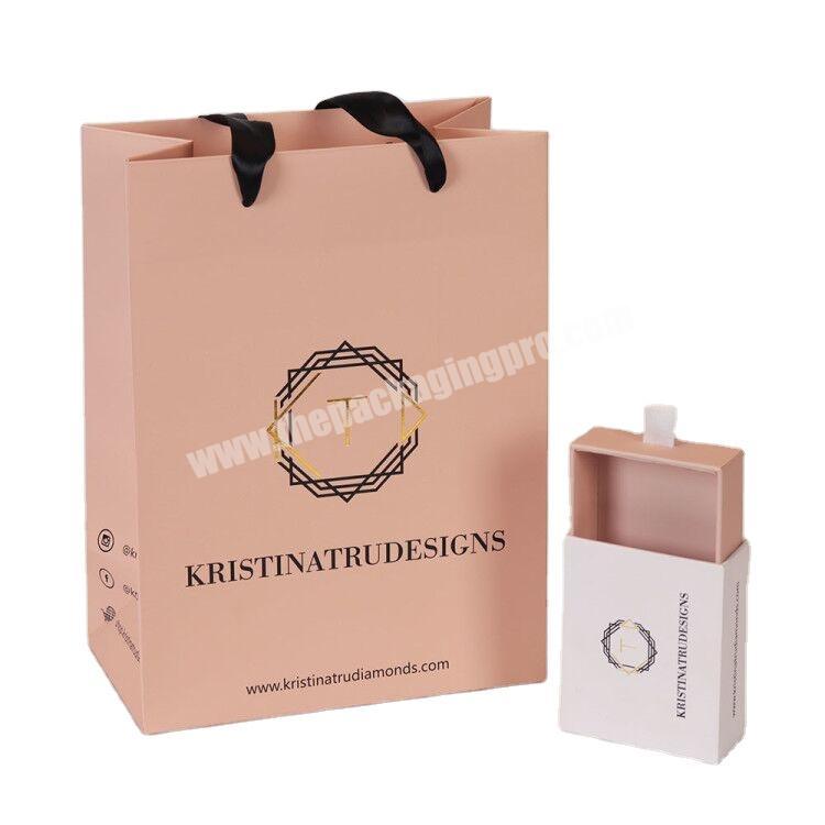 Custom Logo small Light Pink high end jewelry paper gift bags with silk handles
