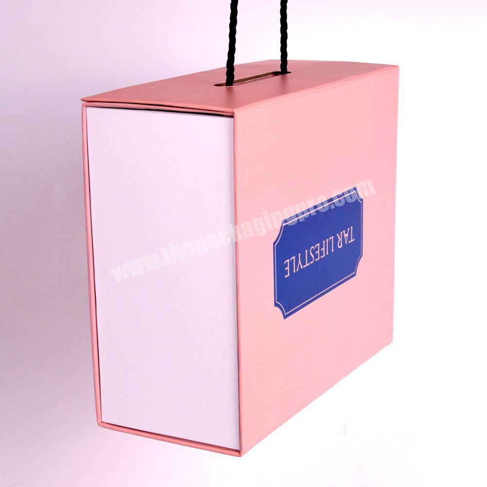 Custom Pink Cardboard Fold Down Flat Clamshell Gift Box With Rope Handle Magnetic