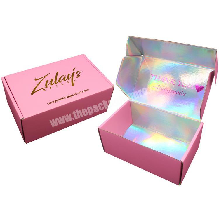 Custom Printed Personalised Ecommerce Corrugated Paper Boxes Holographic Pink Shipping Mailer Packaging Box With Logo