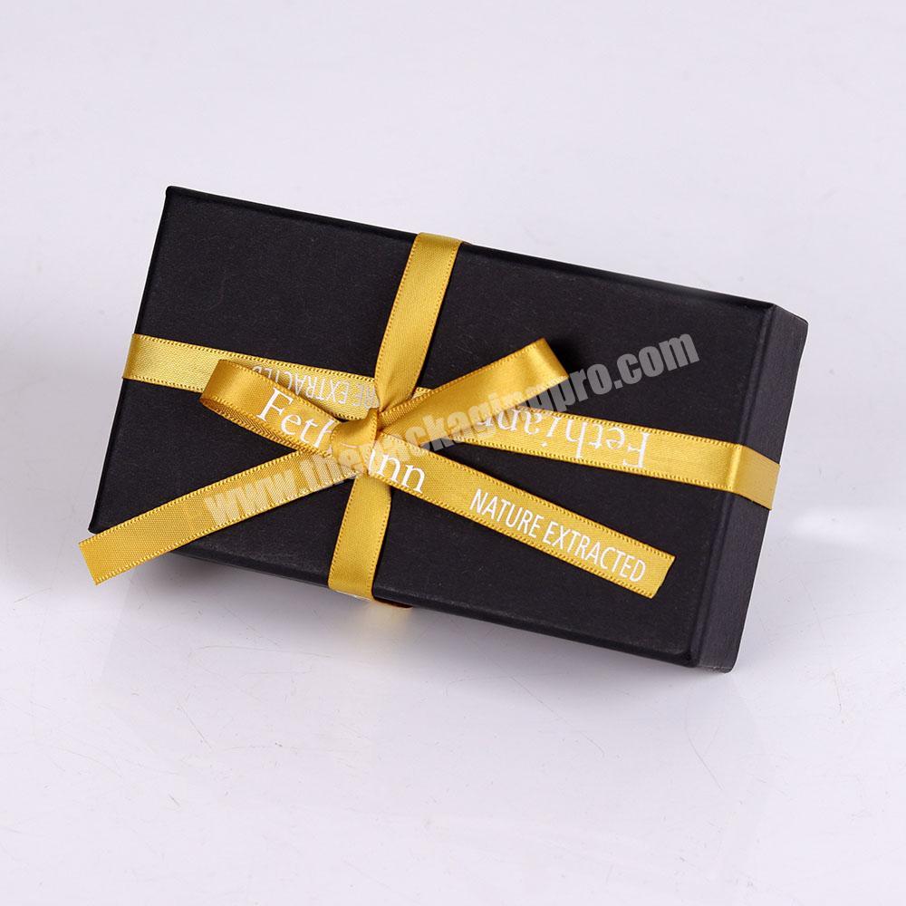 Custom glod  logo luxury paper magnetic black gift packaging box with gold ribbon