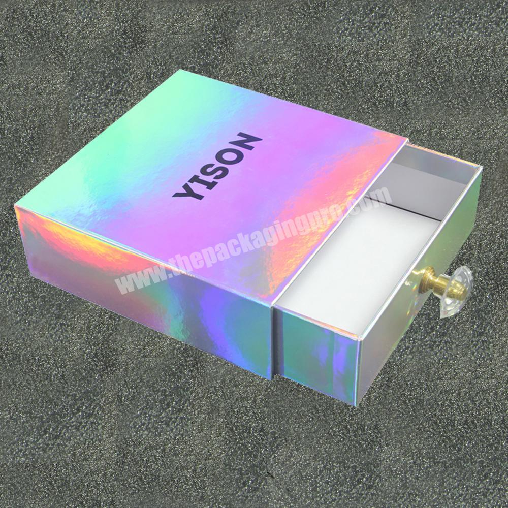 Custom holographic packaging box Slide drawer holographic cosmetic shipping box with handle