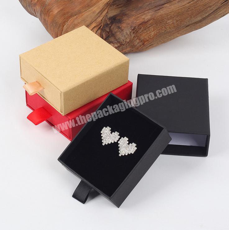 Custom kraft Paper 2mm thickness cardboard Material Jewelry earring Packaging rigid Drawer sliding Gift Box with ribbon puller