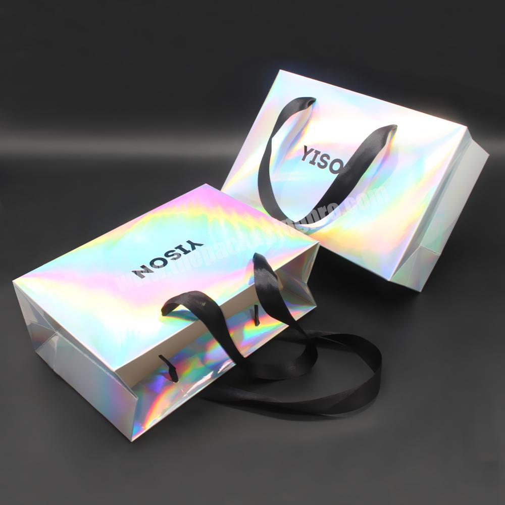 Custom logo Printed Wholesale iridescent private label packaging bag and box irridescent holographic paper gift bags