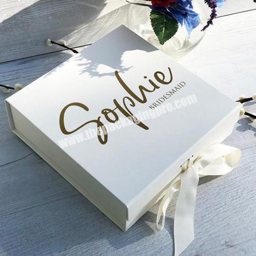 Custom logo foil printed White Groomsmen Bridal Bridesmaid proposal gift box packaging with ribbon