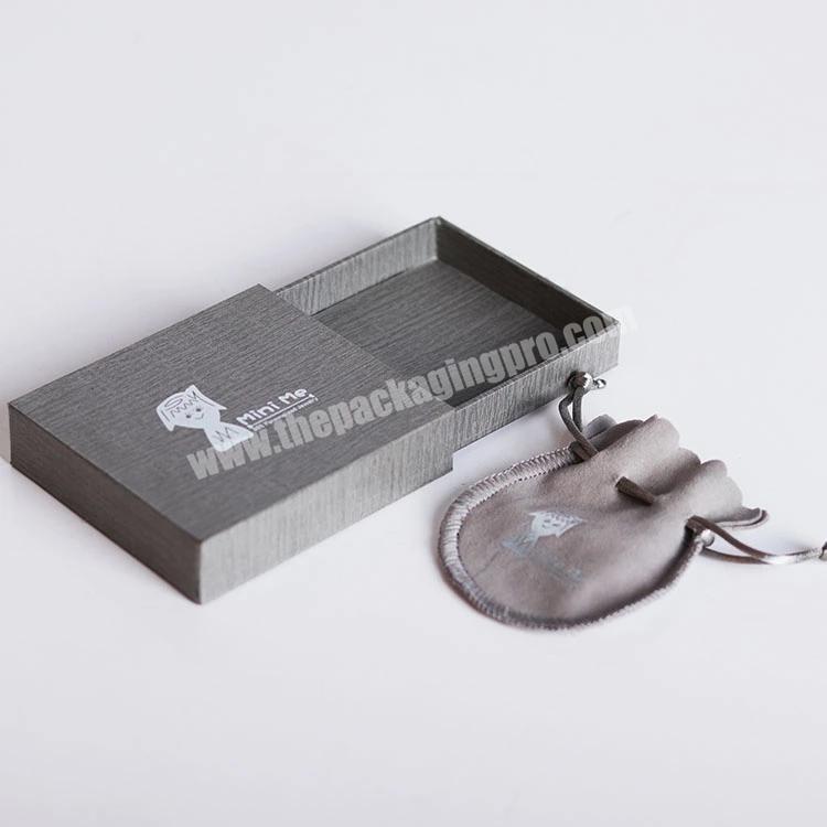 Custom logo printed small luxury cardboard jewelry set sliding gift boxes packaging and suede drawstring pouch gift bag