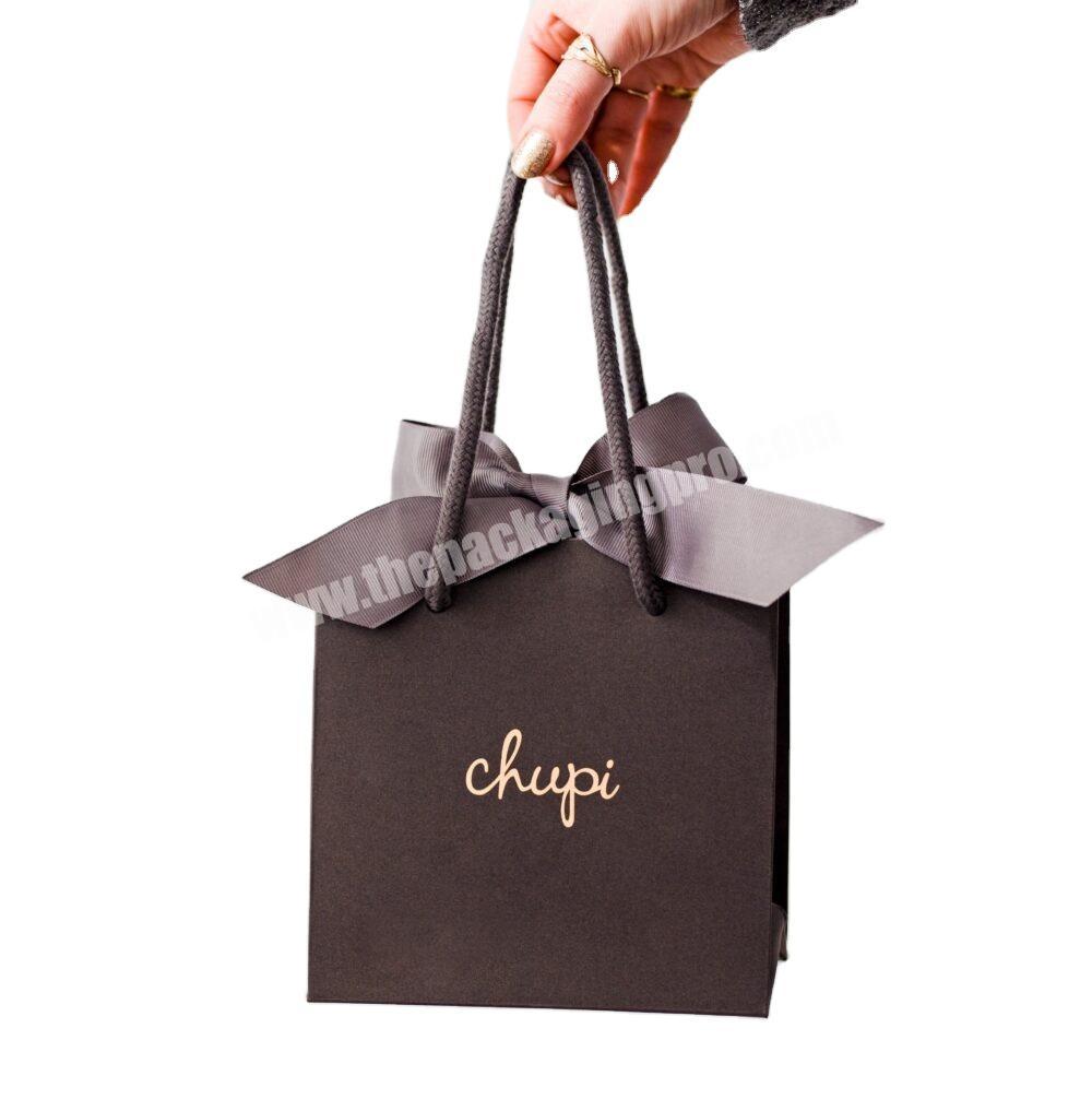 Custom logo small paper bag black jewelry gift fancy paper bag with ribbon