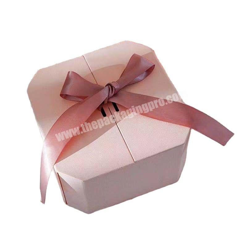 Custom luxury pink  magnet flap paper box flip top gift boxes with color ribbon closure