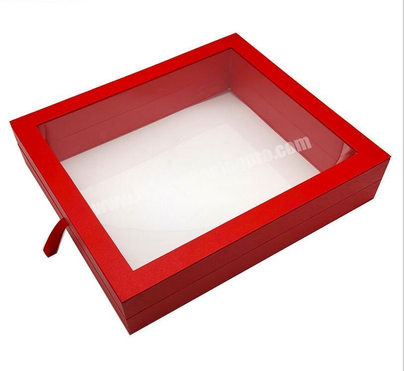 Custom printed EM factory t shirt red paper box with clear window for garment packaging