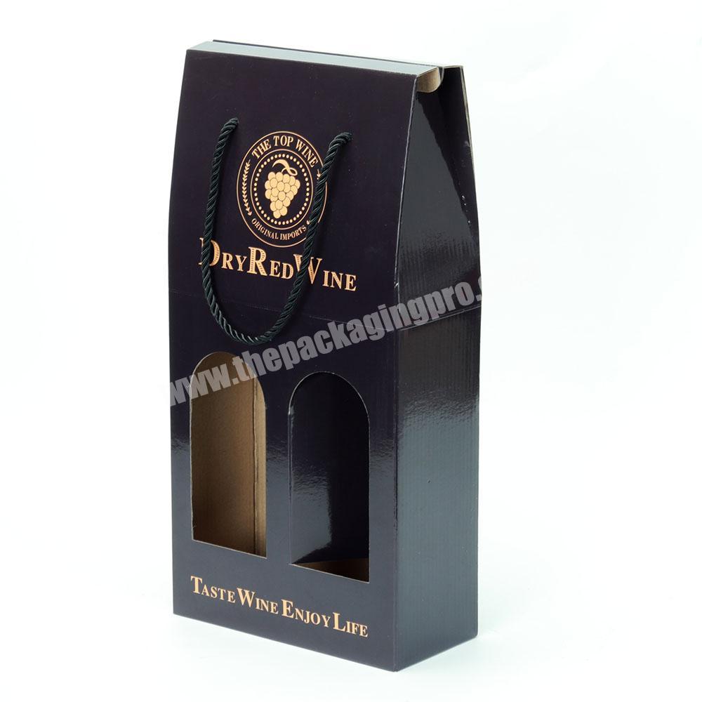 Custom printing black pvc transparent window wine packaging paper box wine box gift set with handle
