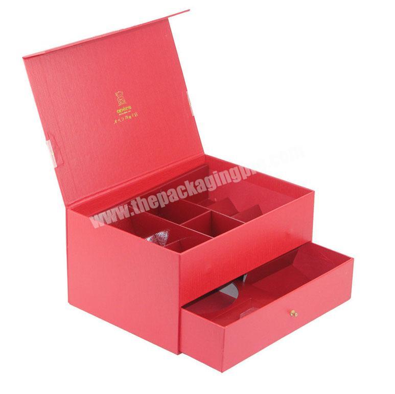 Custom red color printed logo high end 2 layer cardboard paper slide drawer storage box with ribbon bow