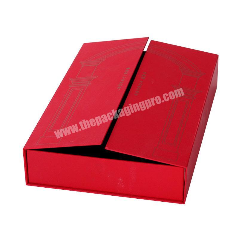 Custom red matte bronzing logo book shape box with open lid on both sides
