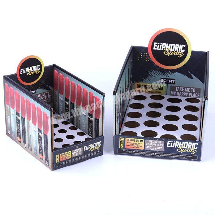 Custom spray bottle cardboard tabletop display perforated display box cosmetic product lip balm counter top display stands