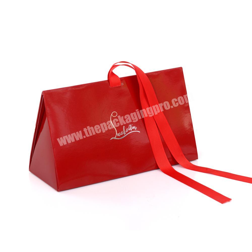 Custom unique triangle shape paper gift packaging box with ribbon