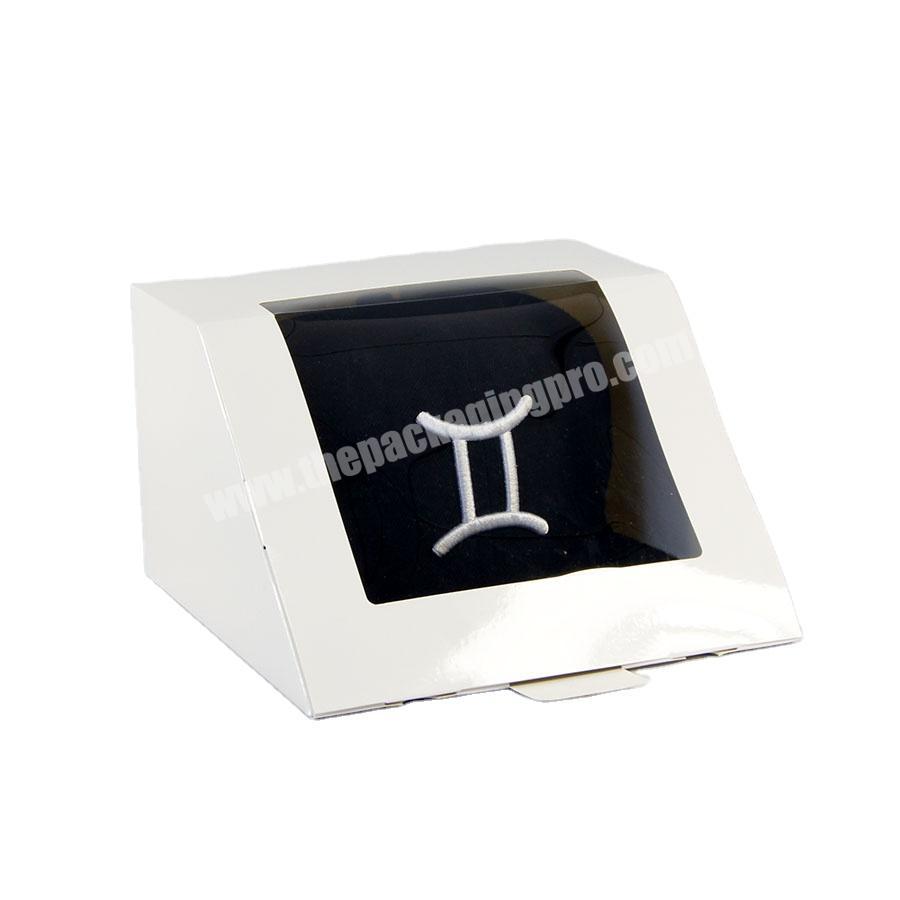 Customized Logo Paper cardboard Hat Box White Baseball Hat Box Beveled Transparent Folding Cap Boxes