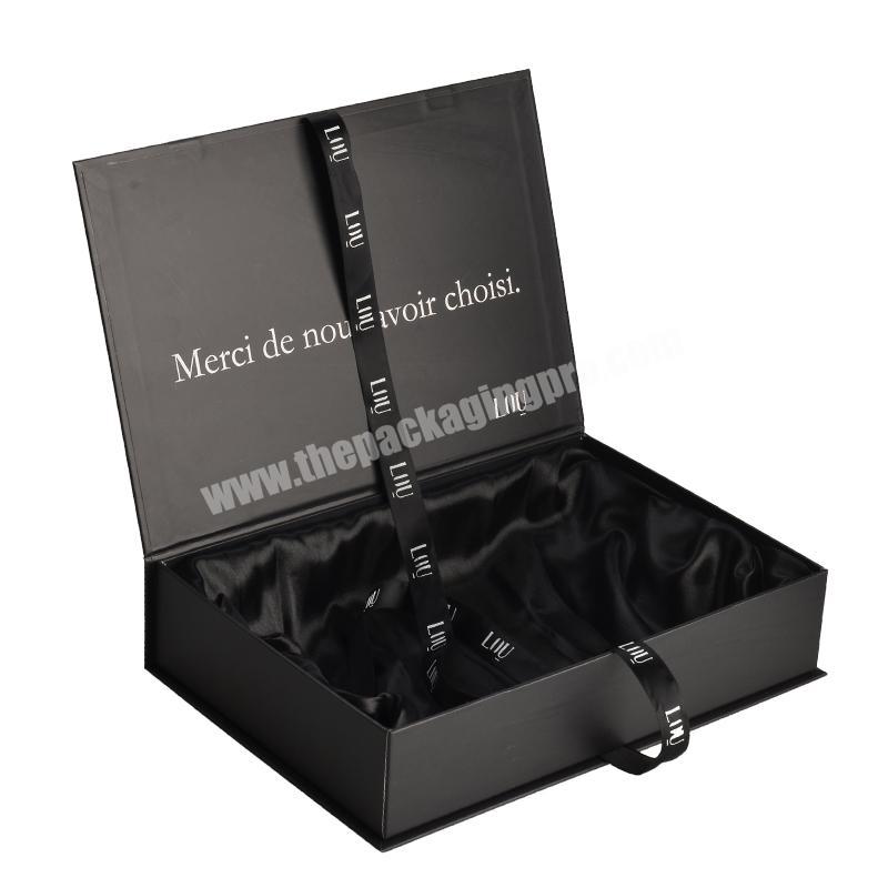 Customized Luxury Black Cardboard Packaging Magnetic Satin Insert Gift Box With Ribbon Closure