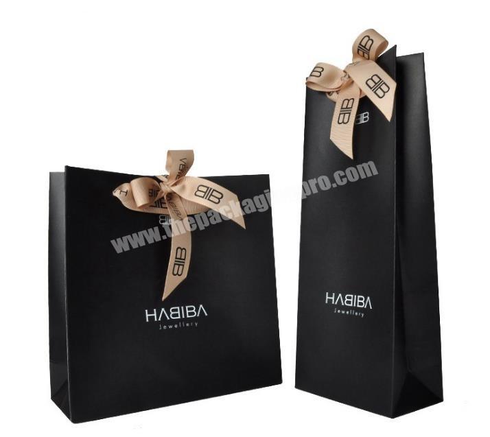 Customized Size Luxury Black Gift Packaging Shopping Paper Bag With Ribbon
