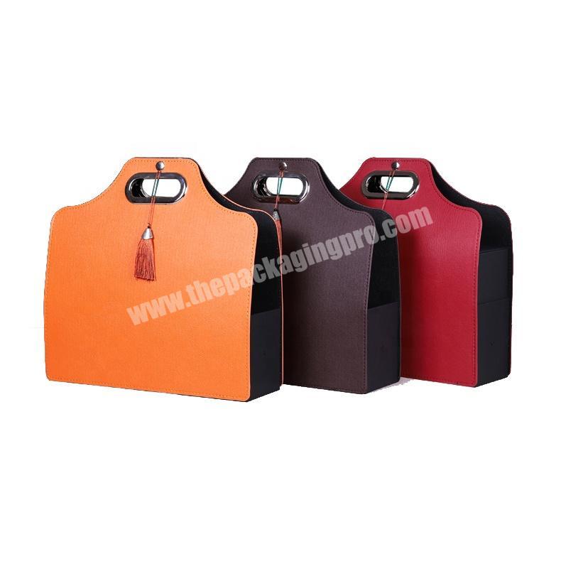 Double layers leather red 2 wine bottles red lafite wine tea moon cake box gift bag packing gift handbag boxes