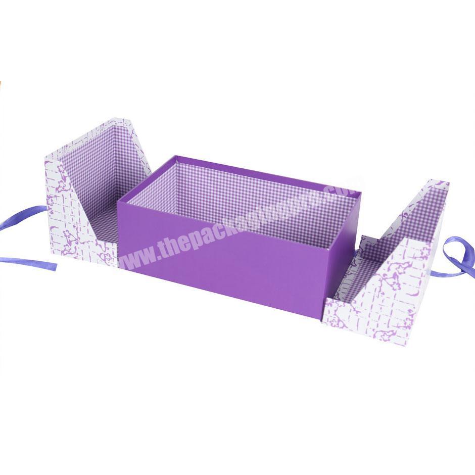 Double side Opening purple packaging display box for perfume bottles custom incense perfume storage box with ribbon