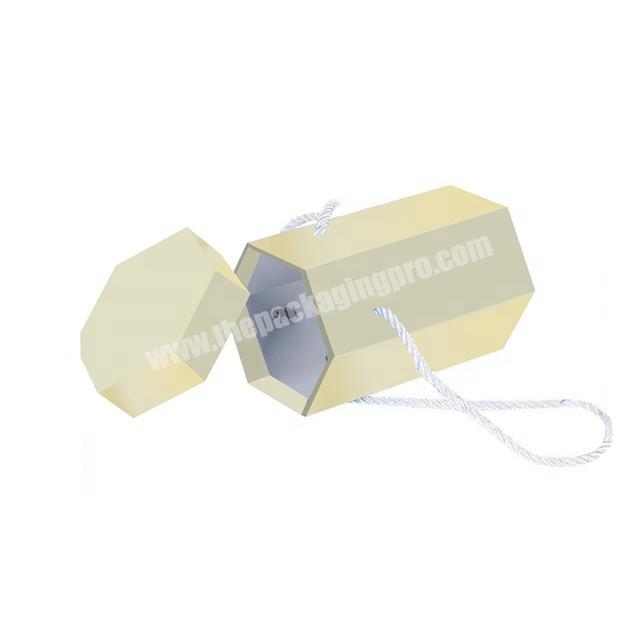 Hexagonal logo custom print popcorn paperboard packaging hat tube box with lid off and rope handle
