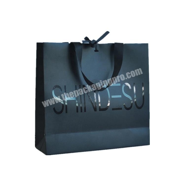 High Quality Luxury Customized Logo Gift Carry Paper Black Shopping Bags With Bow Tie Ribbon Handle