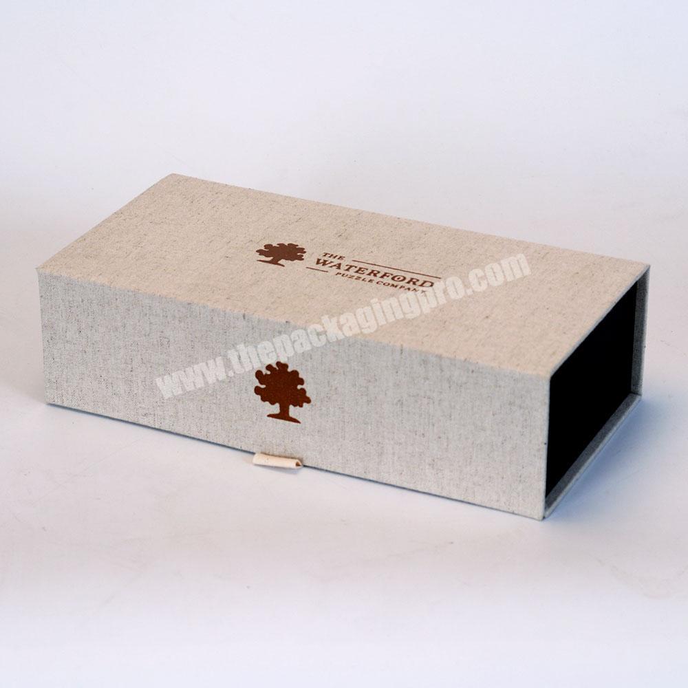 High end eco friendly paper material clamshell gift storage boxes with Natural light linen fabric wrap outside