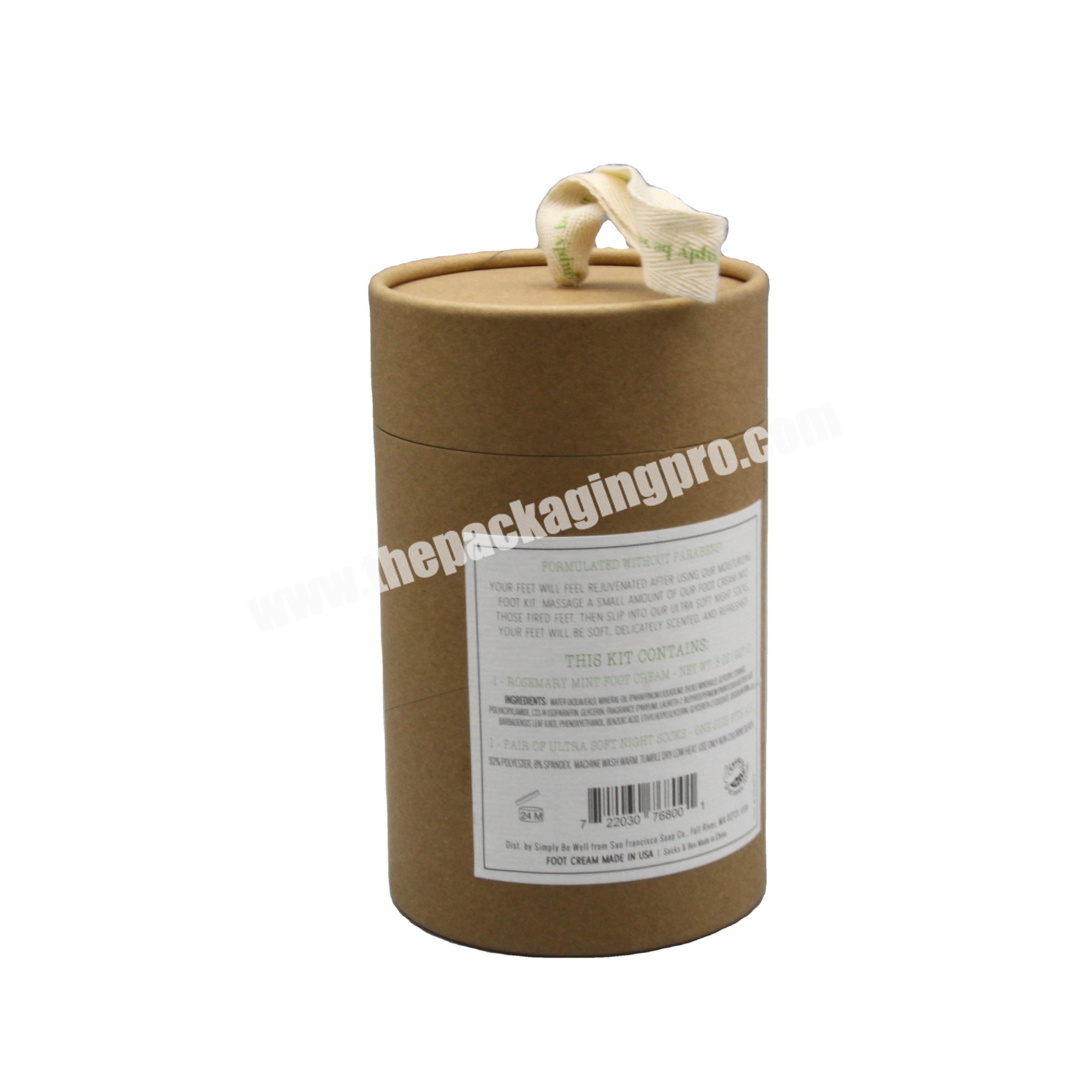 Kraft paper natural color paper tube with fabric top handle 100% recycle paper tube box
