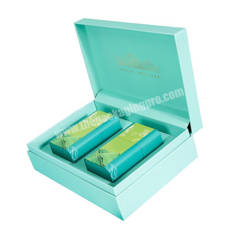 Luxury custom logo Cyan two tins tea green printing presentation packaging paper box