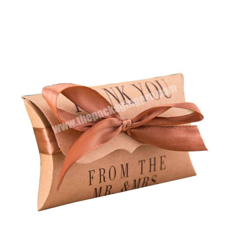 Recycled Wedding logo brown kraft Paper small Pillow case jewelry shape gift candy Box custom chocolate packaging with ribbon