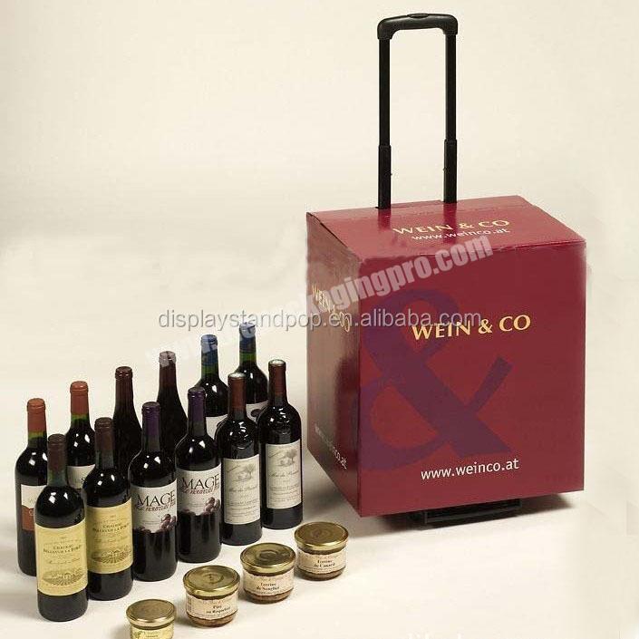 Retail Fashionable Package for wine bottle wheel box plastic handle trolley carton high quality