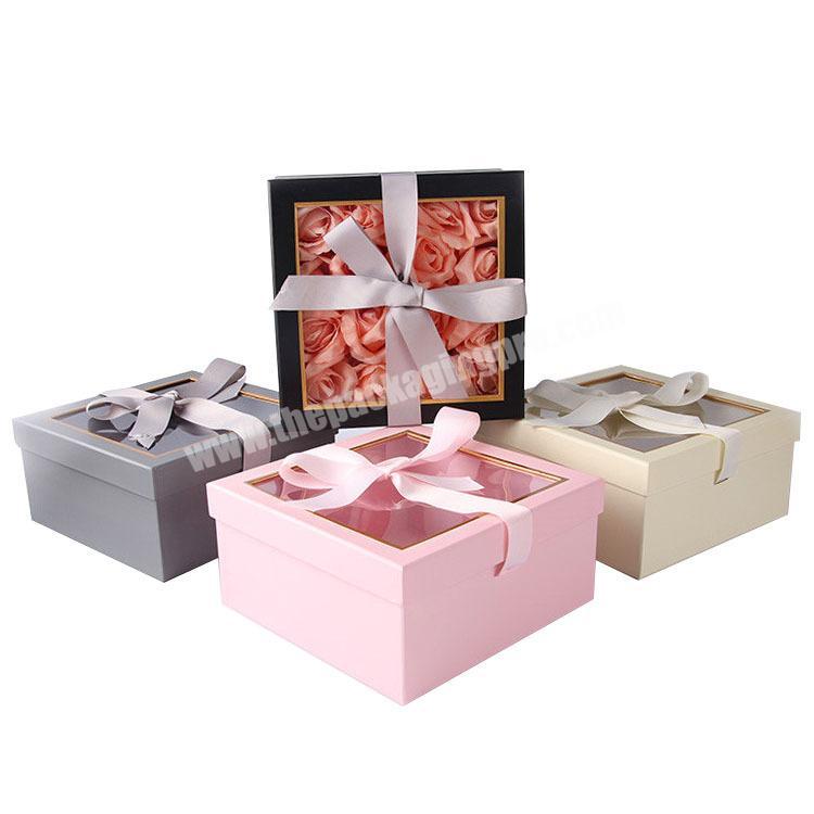 Top quality custom square 1200gsm cardboard rigid flower gift packaging box with lid bowknot with pvc clear window manufacture