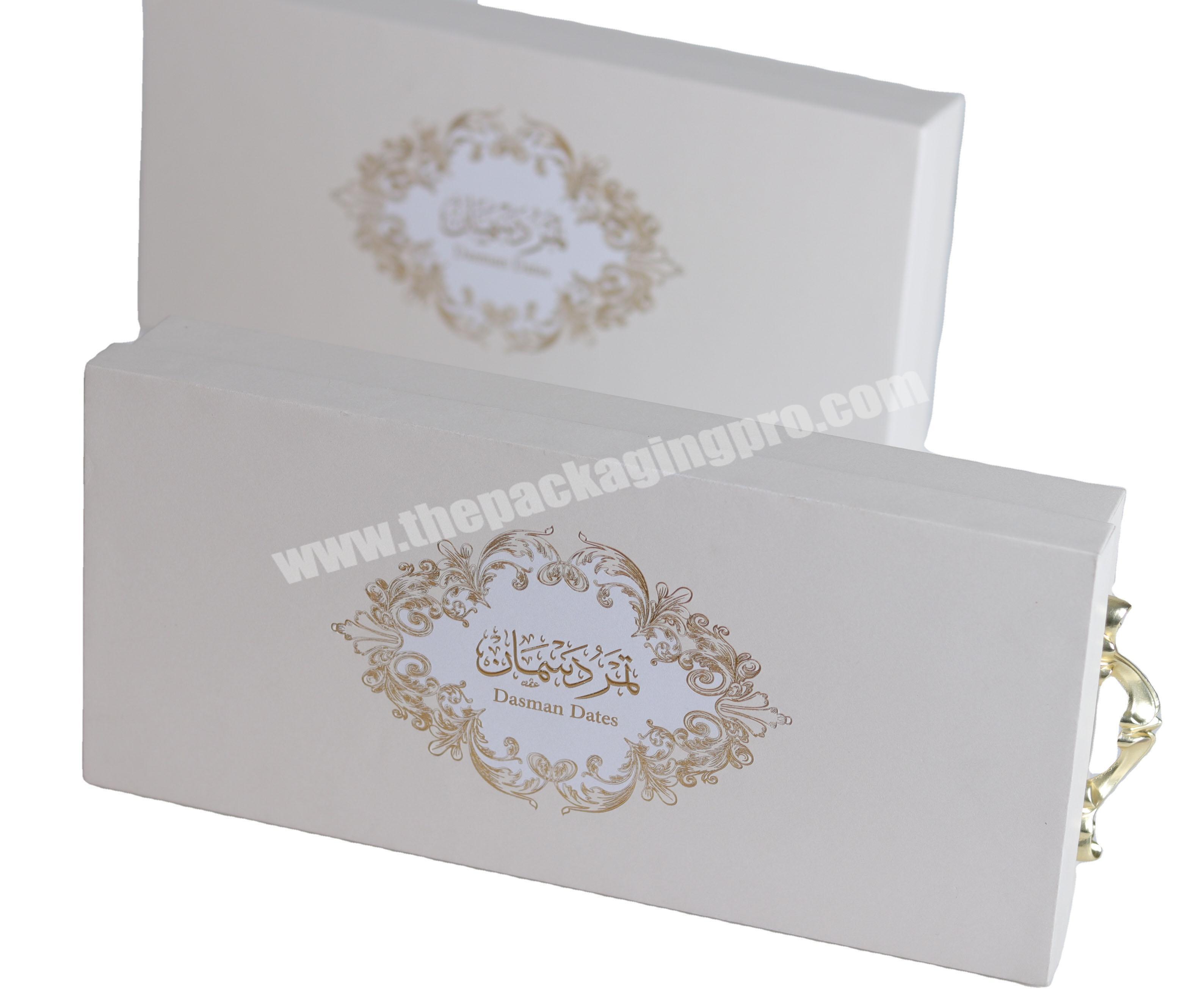 White  luxury fancy cardboard paper food gift box packaging with Gold metal handle