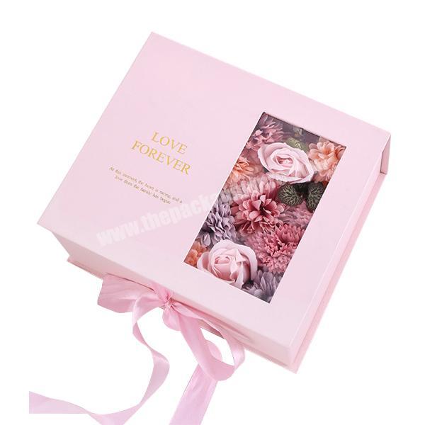 Wholesale Custom Luxury Rectangle Flower Gift Box Valentines Day Gift Packaging Sets Flower Boxes  with ribbon and clear window