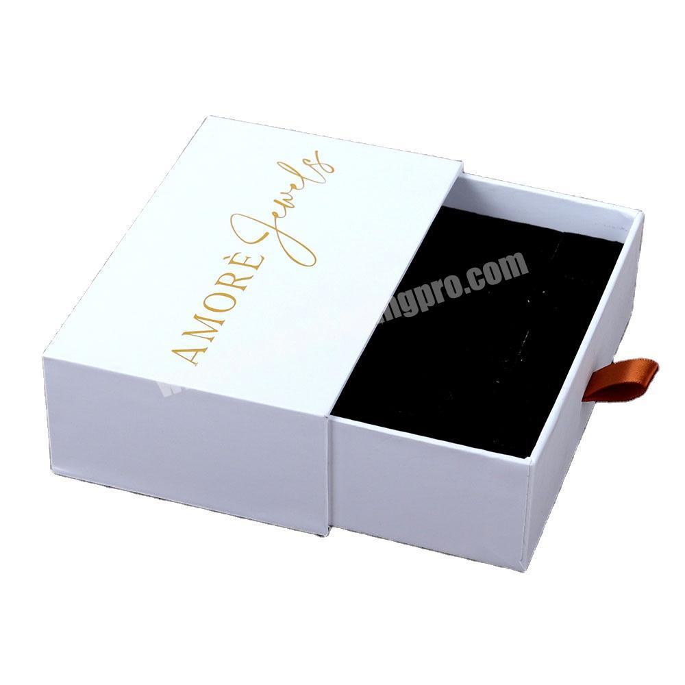 Luxury white paper sliding drawer box small jewelry packaging box with gold logo printed
