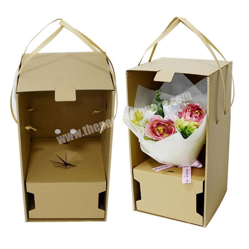 custom brown corrugated paper bouquet delivery box with handles