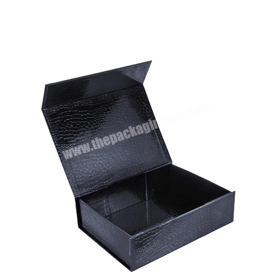 custom gloss special leather pattern paper rigid black luxury gift box