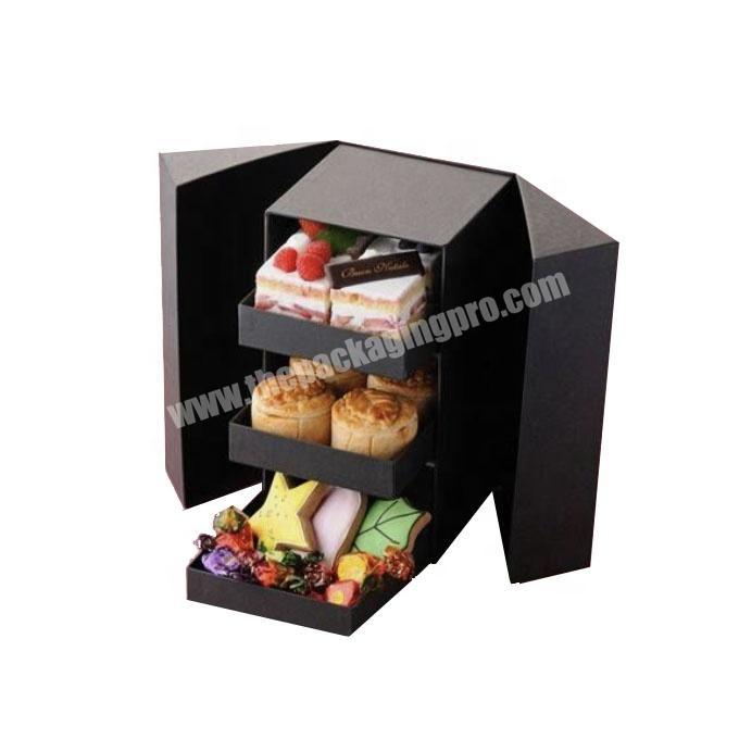 custom logo black dessert presentation tuck end cardboard packaging box with 3 layers drawers