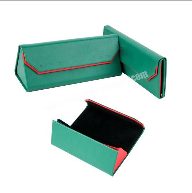 custom logo triangle green Pu leather foldable gift eyewear packaging box