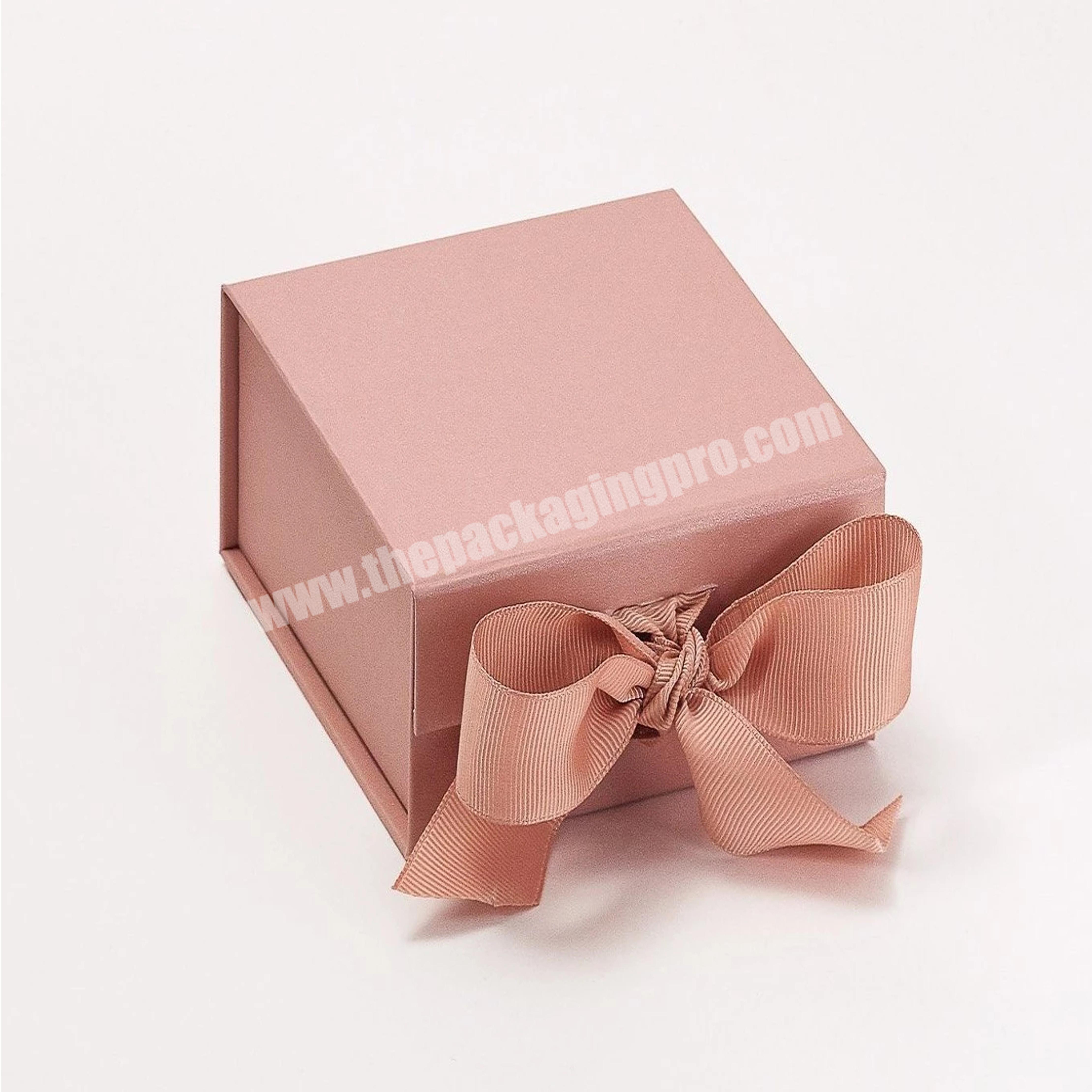 custom square shape matt pink compact powder blush gift box with pink ribbon closure