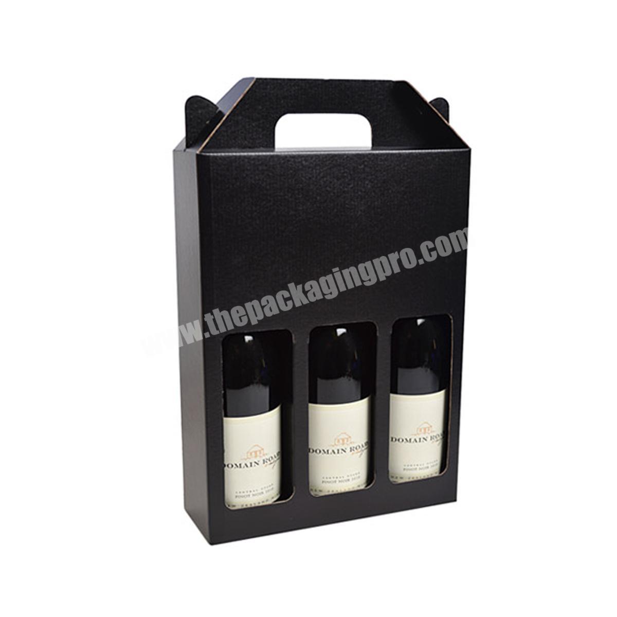 high quality custom logo black corrugated wine bottle packaging box with handle