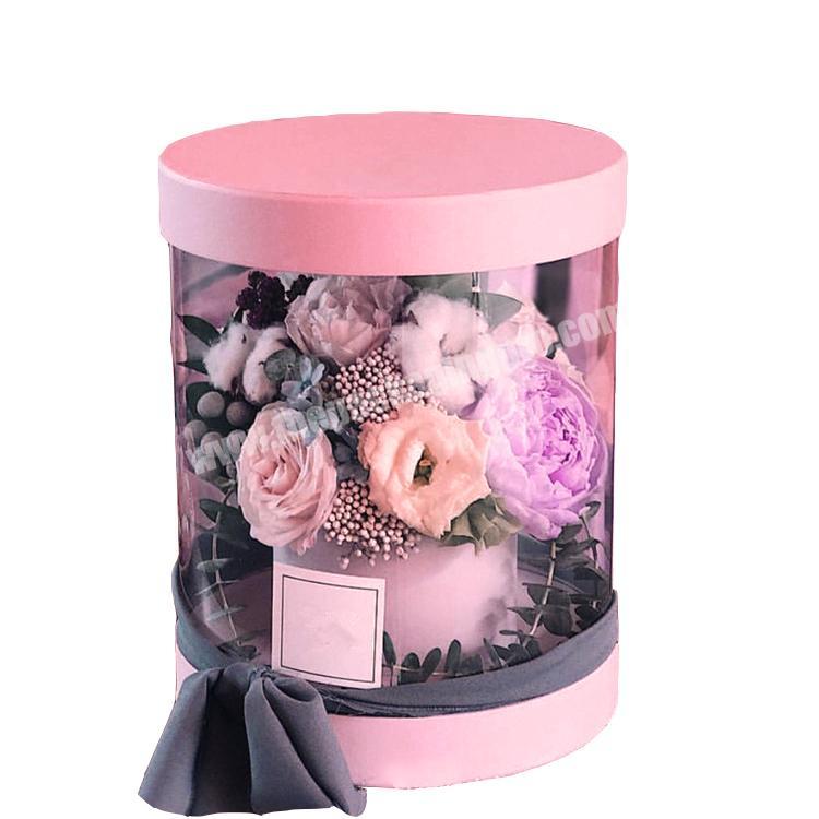 luxury empty flower gift box round boxes for flowers scatola imballaggio fiori with PVC window and ribbon transparent flower box