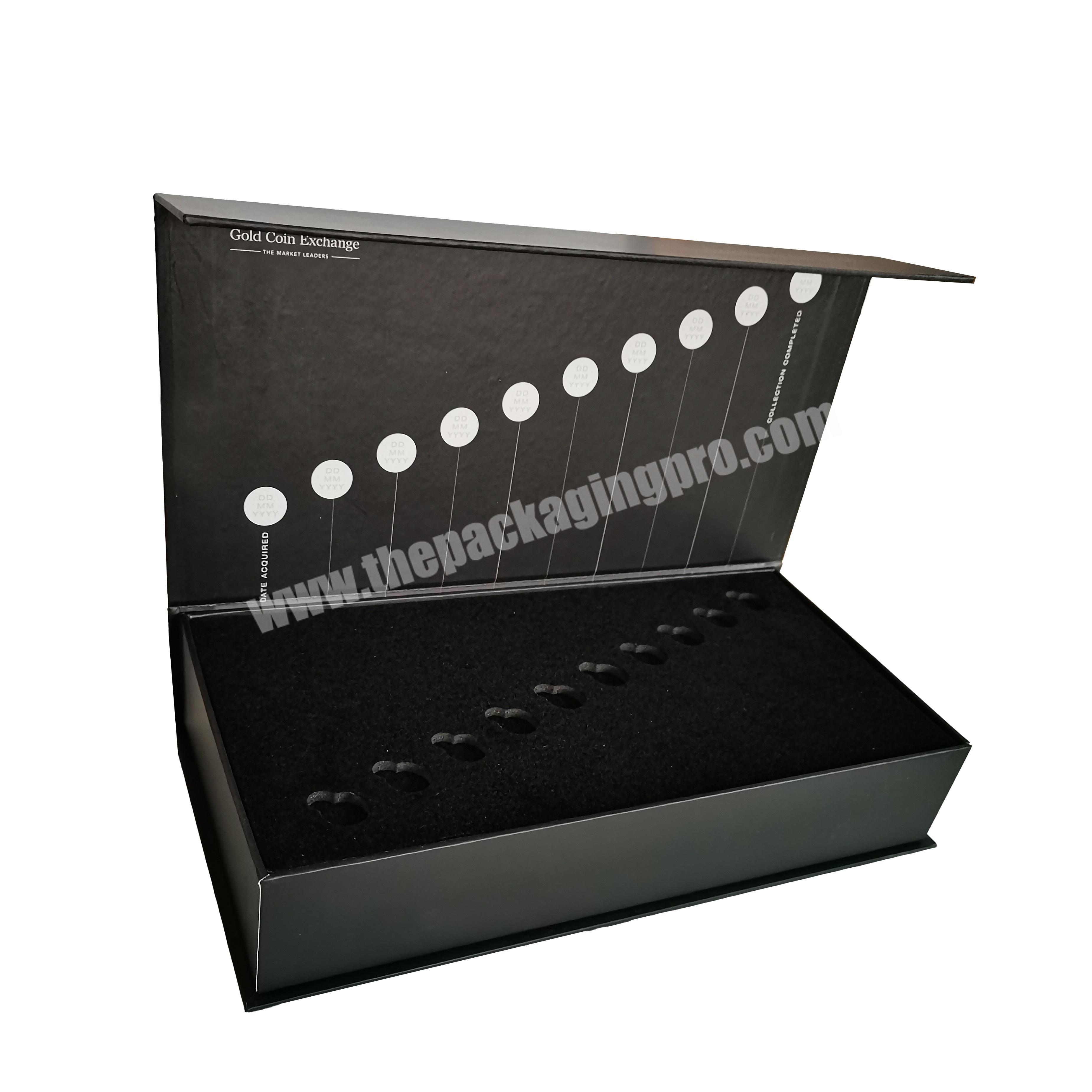 luxury paper Full matt black craft foam inserts book shape magnetic premium VIP souvenir coin packaging gift box