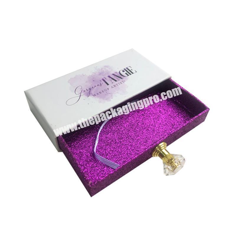 Wholesale Beautiful Purple Drawer Shape Eyelashes Boxes with Big Stone Handle Portable Cosmetic Boxes