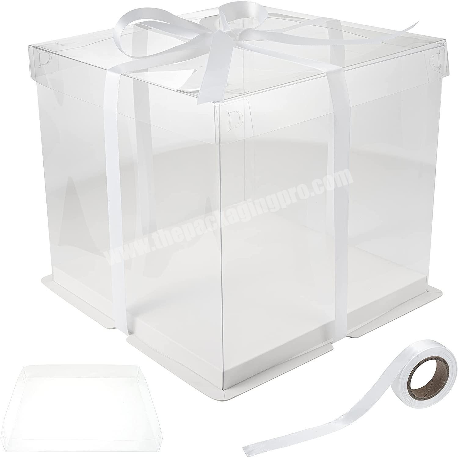 Custom Logo Clear Square White Cardboard Plastic Eco-friendly Birthday Cake box With Ribbon