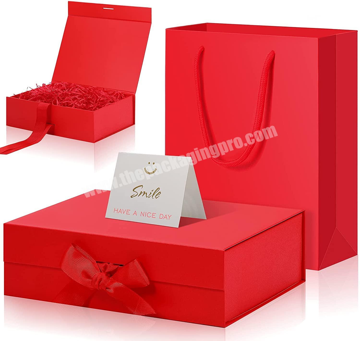 Luxury Foldable Red Coated Paper Magnetic Closure Cosmetic Gift Paper Box With Satin Ribbon