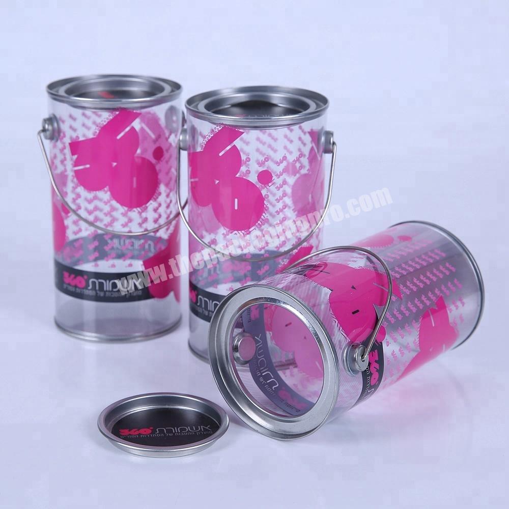 Transparent clear plastic cylinder tube with tinplate lid and bottom