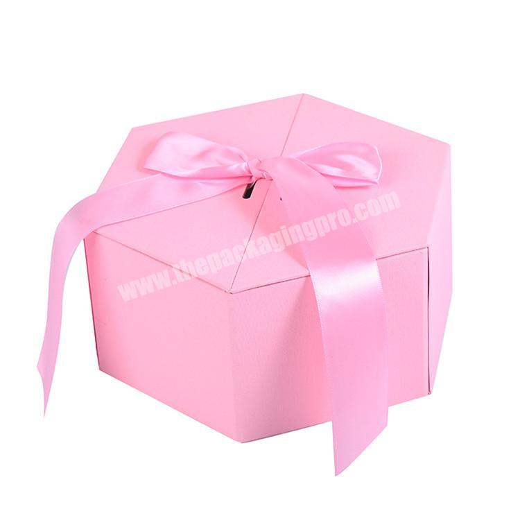 Black Decorative Luxury Hexagon Packaging Box Rigid Cardboard Paper Pink Sweet Candy Wedding Gift Box With Ribbon