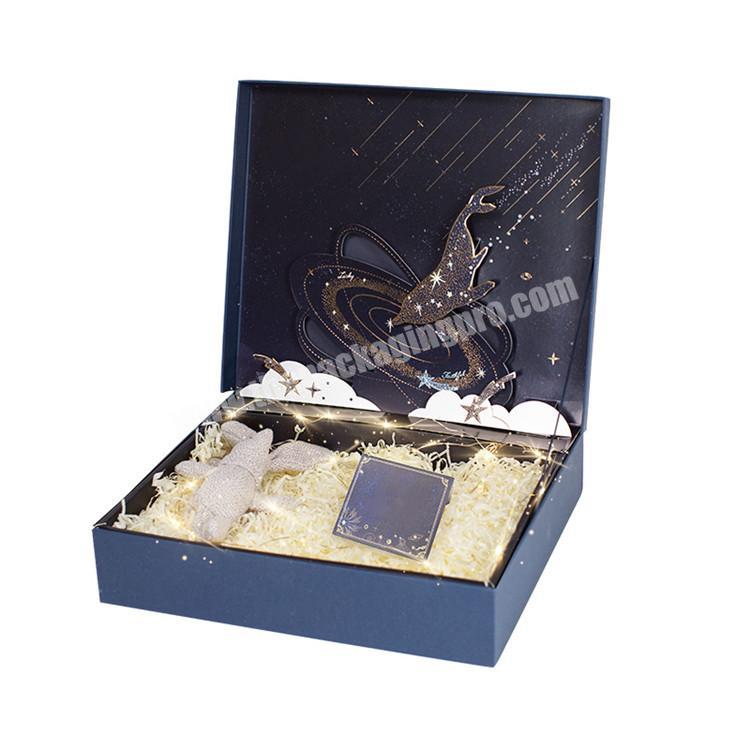 Custom dark blue custom cardboard packaging magnetic gift box with ribbon